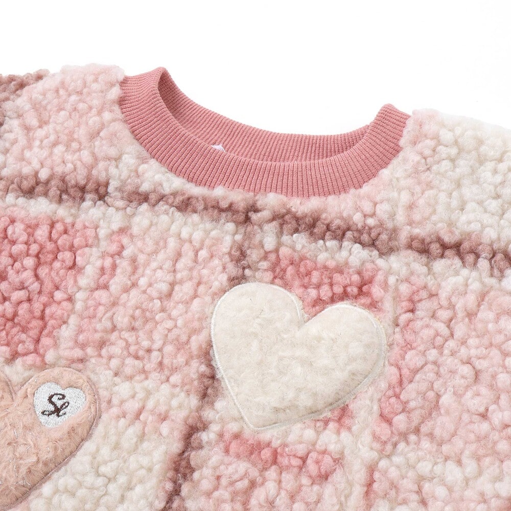 ハートリボンキラキラボアパッチもこもこチェックトレーナー(80~130cm) ブルー系 80cm