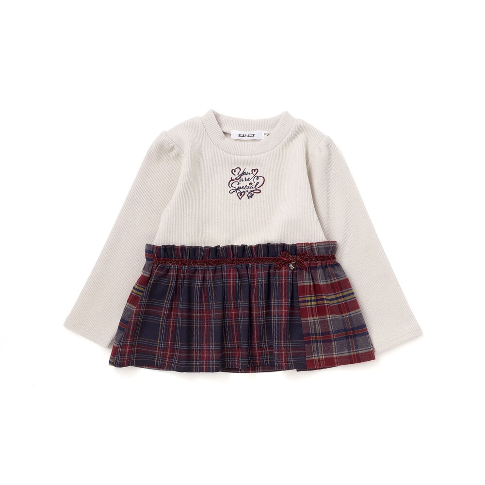 【お揃い】ハートいっぱい刺しゅうモチーフ切り替えチェックドッキングトレーナー(80~130cm) オフホワイト 80cm