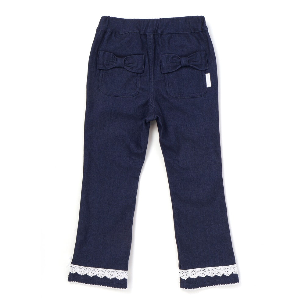 裾レース&リボンストレッチツイルロングパンツ(90~130cm) ネイビー 90cm