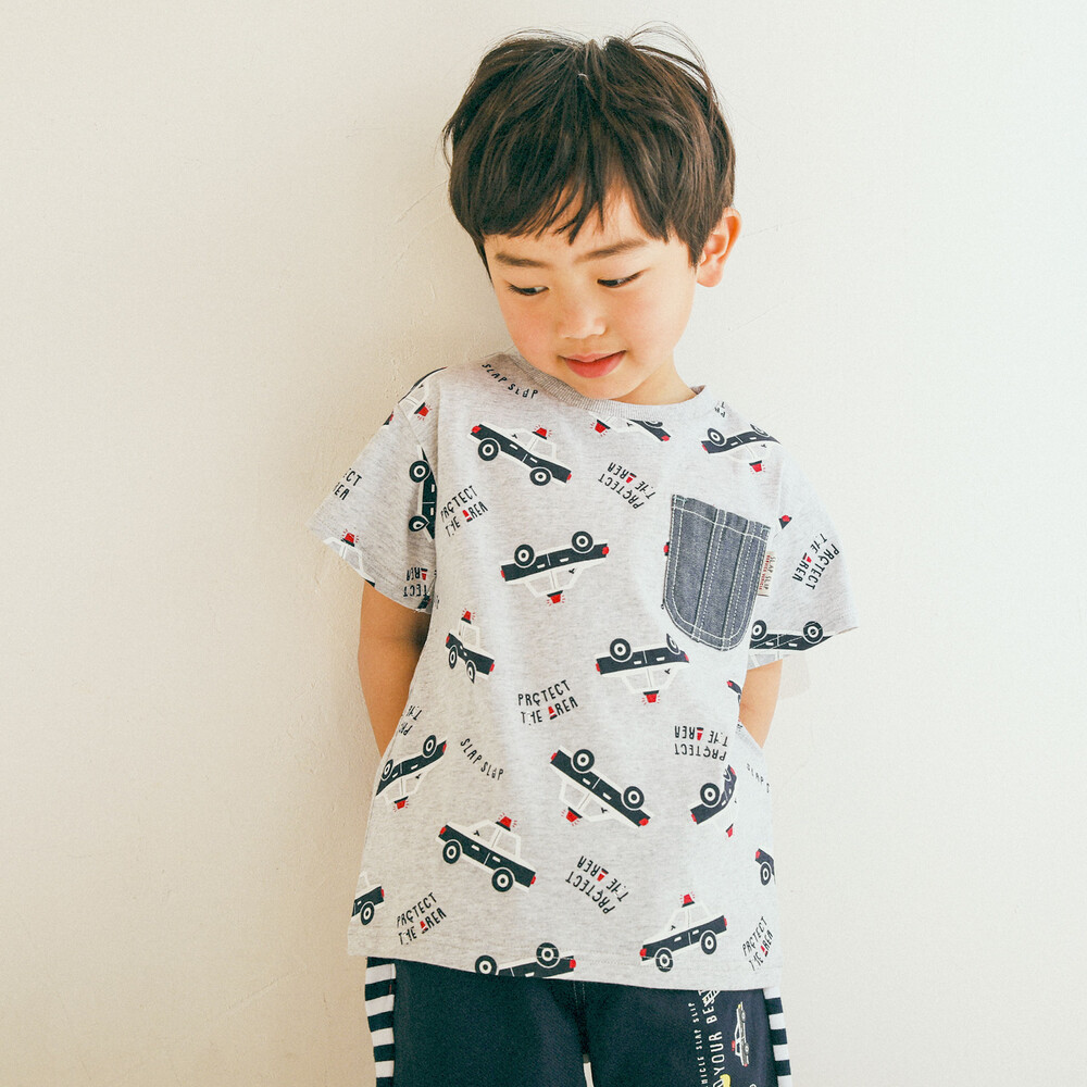 10 はたらくクルマ ショベルカー 半袖 Tシャツ 男の子 通販 働く車パッチワークTシャツ トップス 半袖 半そで 男の子 男児 子供 子ども 子供服 ショベルカー ブルトーザー エフオーキッズ 4025526 R207233-14mmm 23SPS-k-t
