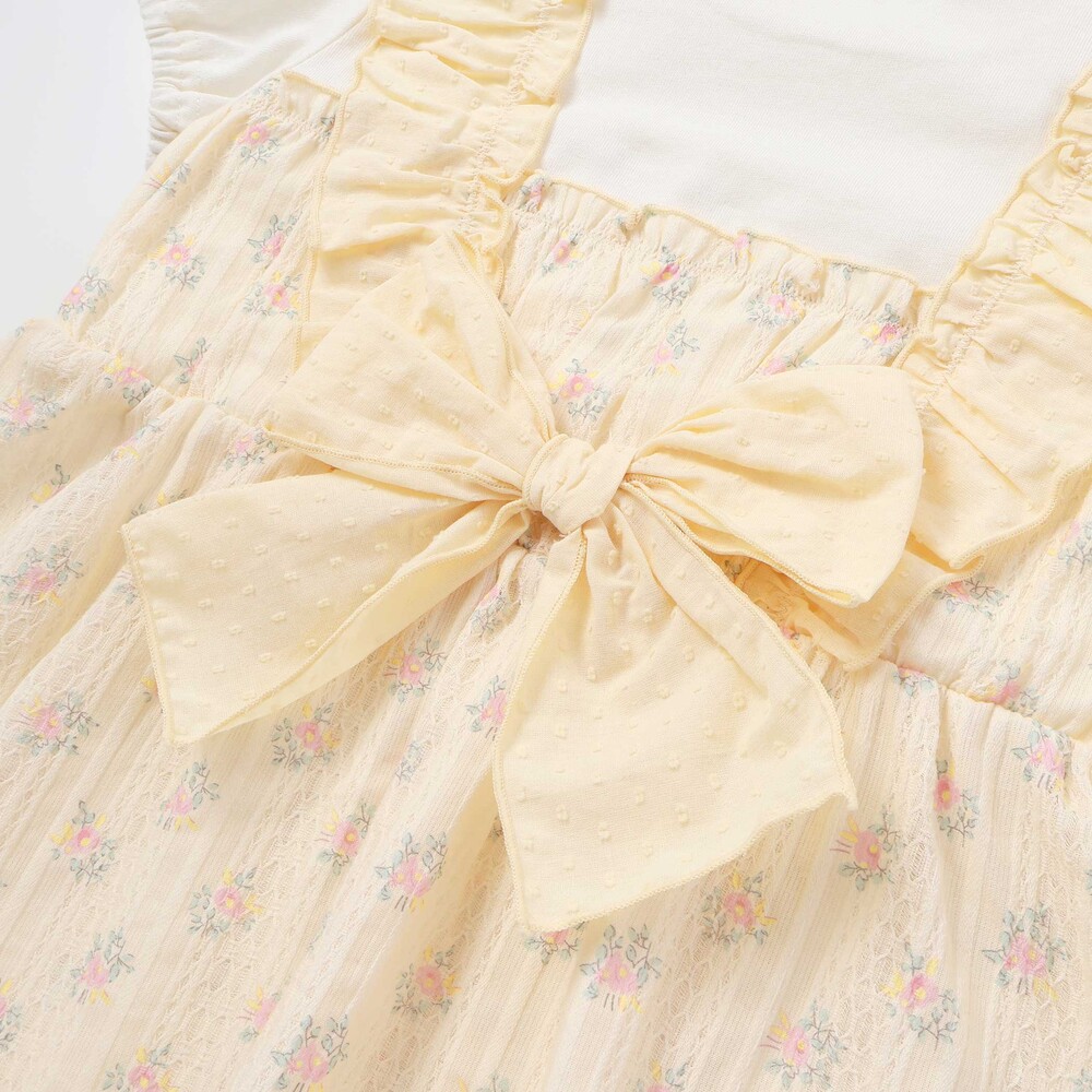 肩フリル花柄レースドッキング半袖Tシャツ(80~130cm) イエロー系 80cm