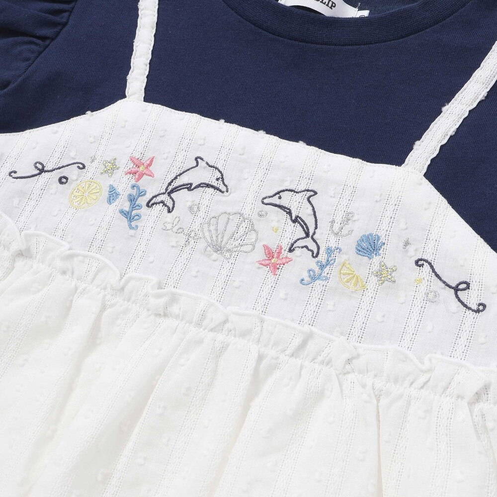 【お揃い】スカラップキャミストライプ&ドビー半袖Tシャツ(80~130cm) ネイビー 80cm