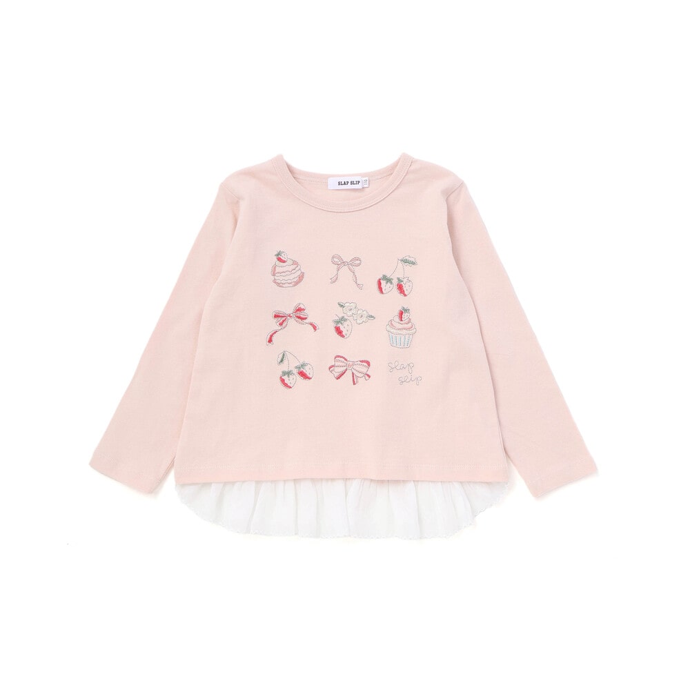 イチゴ刺しゅう裾フリル長袖Tシャツ(80~130cm) ピンク 80cm