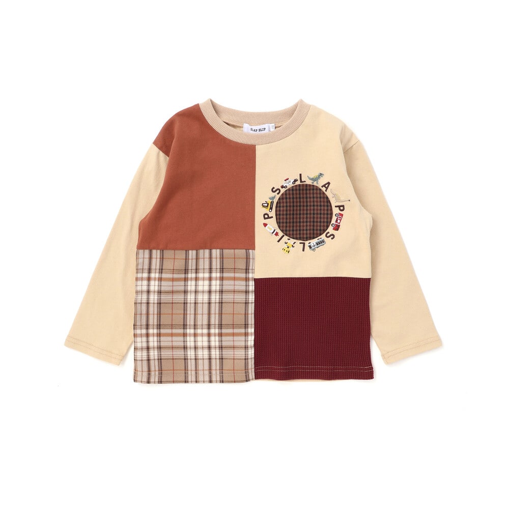 【お揃い】モチーフ刺しゅうチェック切り替え長袖Tシャツ(80~130cm) オフホワイト 80cm