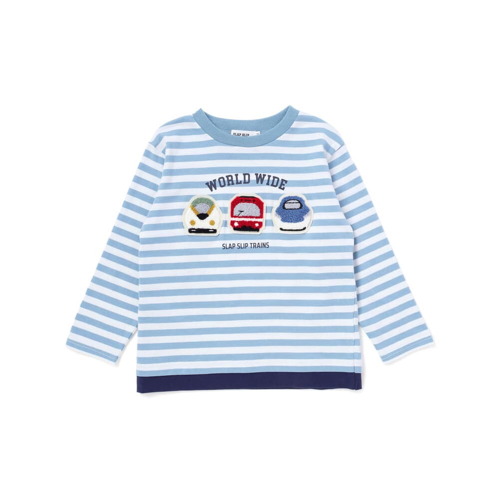 電車モチーフサガラ刺しゅうボーダー柄長袖Tシャツ(80~130cm) ブルー系 80cm