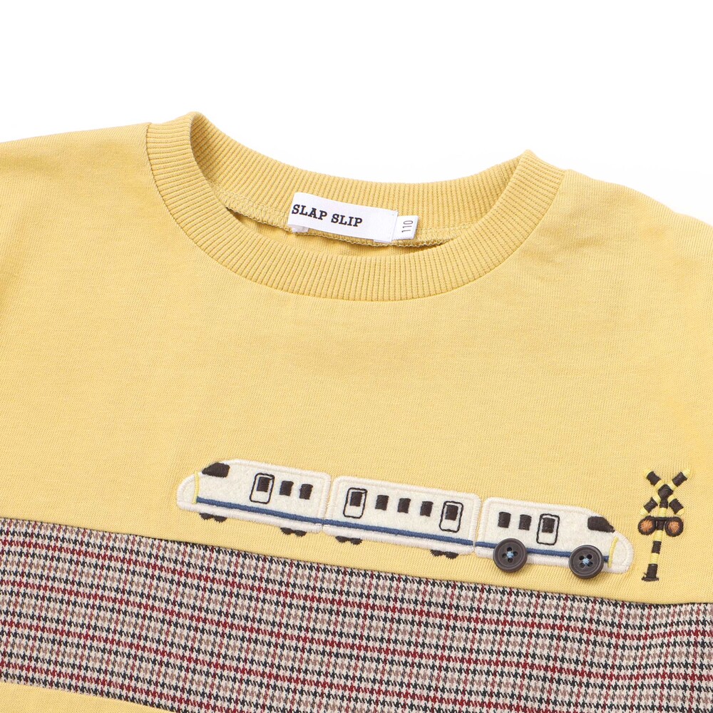 電車モチーフチェック切り替え長袖Tシャツ(80~130cm) イエロー 80cm