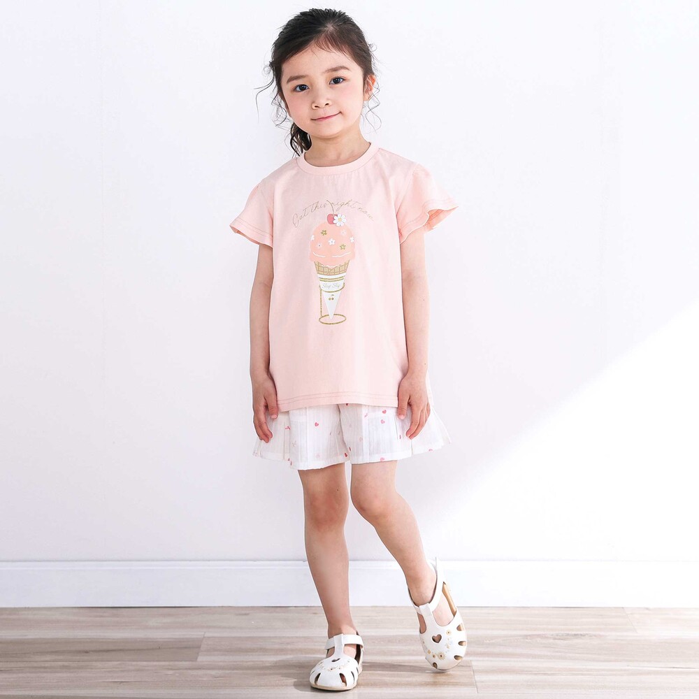 【スララク/吸汗速乾/接触冷感/オーガニックコットン】ときめき女の子半袖Tシャツ(80~130cm) コーラル×お花アイス×袖フレア 80cm