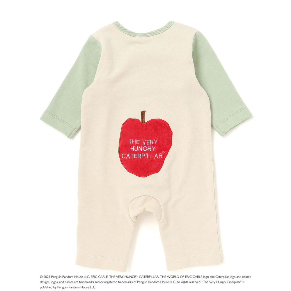 【絵本コラボ-はらぺこあおむし-】袖配色おしりパッチカバーオール(70~80cm) グリーン(リンゴ) 70cm