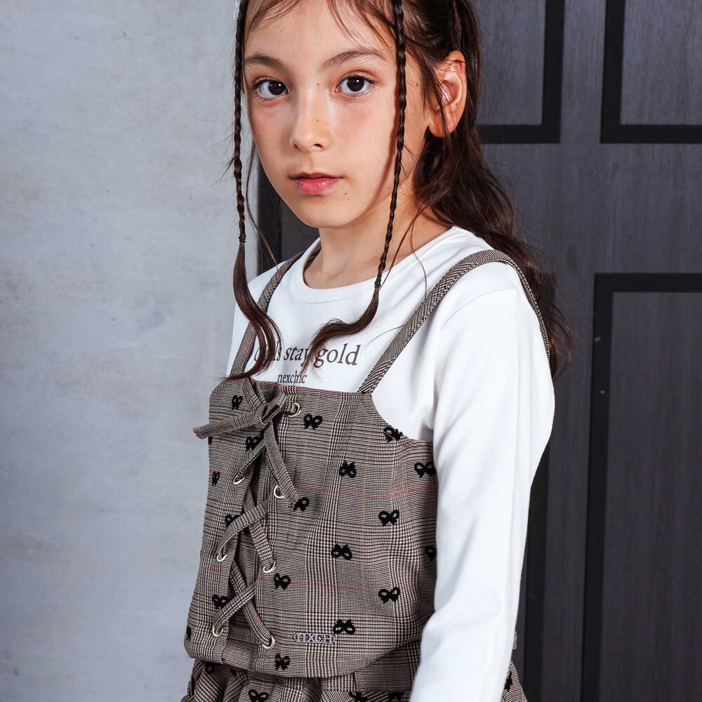チェックレースアップビスチェ&ロゴプリントTシャツセット(110~150cm) ネイビー系 110cm