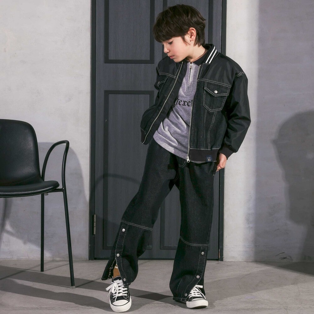 ボタンスリット開きワイドデニムパンツ(110~150cm) ネイビー 110cm