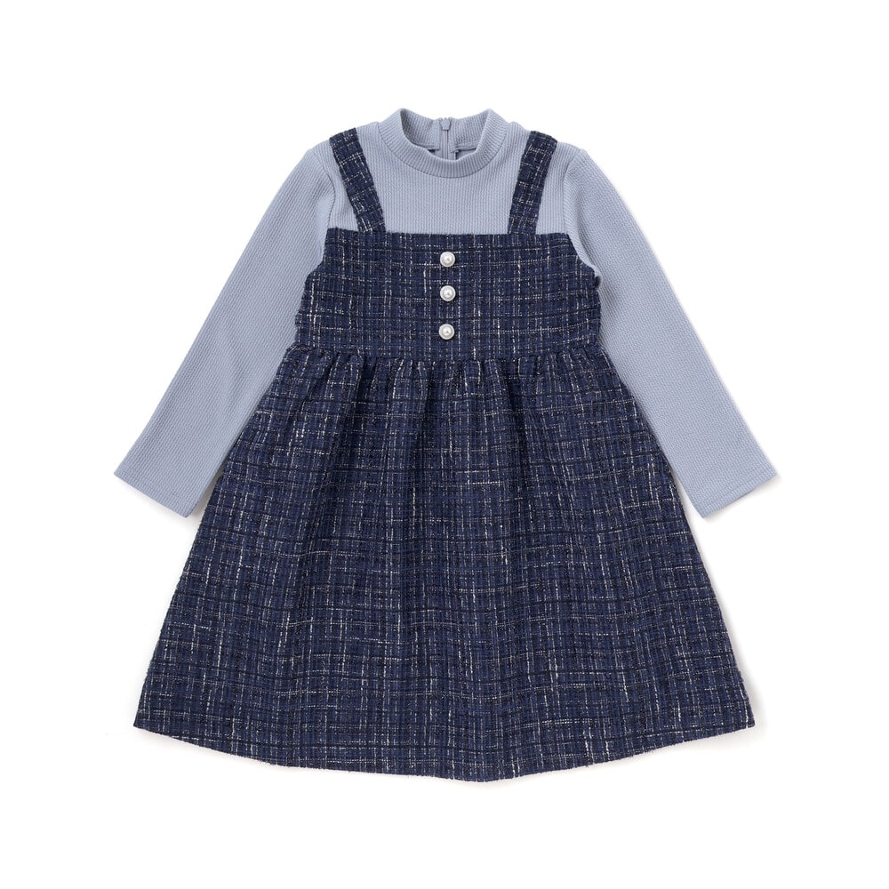 【お揃い】エタンセルラメツイードドッキングワンピース(90~160cm) ネイビー系 90cm
