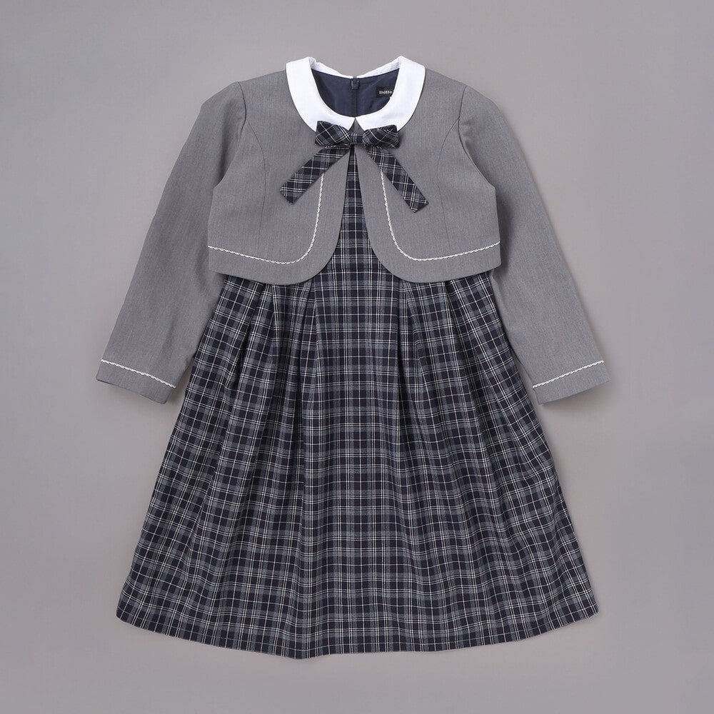 ボレロ+リボンタイ付きチェックワンピースセット(110~130cm) ネイビー系 110cm