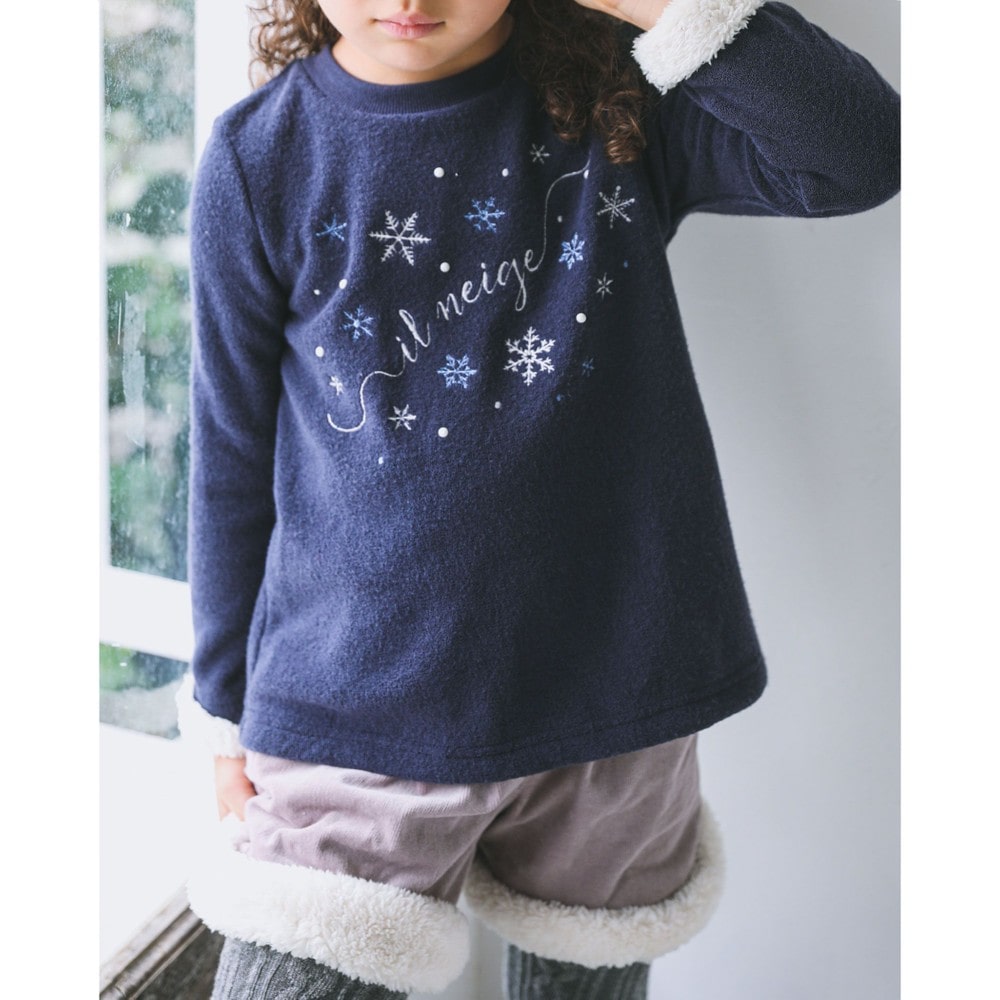 ブークレー フリース 雪 刺繍 長袖 トレーナー (90cm~140cm) ネイビー 130cm