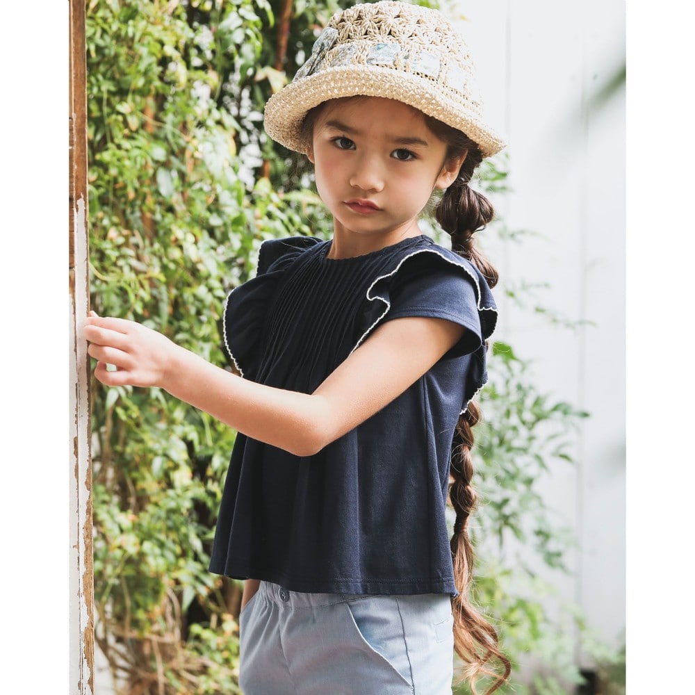 肩 フリル ピーコット 刺繍 A ライン Tシャツ(90~150cm) パープル 140cm
