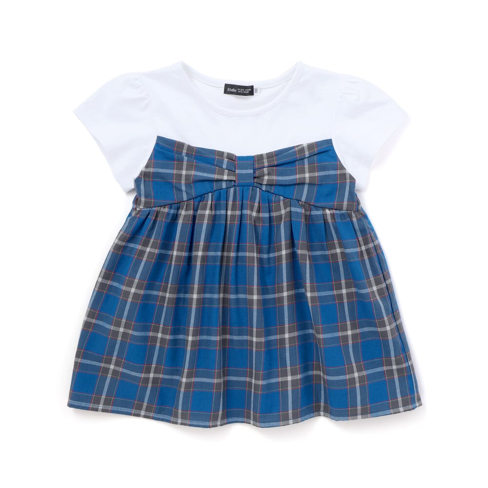 【お揃い】【神戸タータン×BeBe】チェックビスチェドッキング半袖Tシャツ(90~150cm) ブルー系 90cm