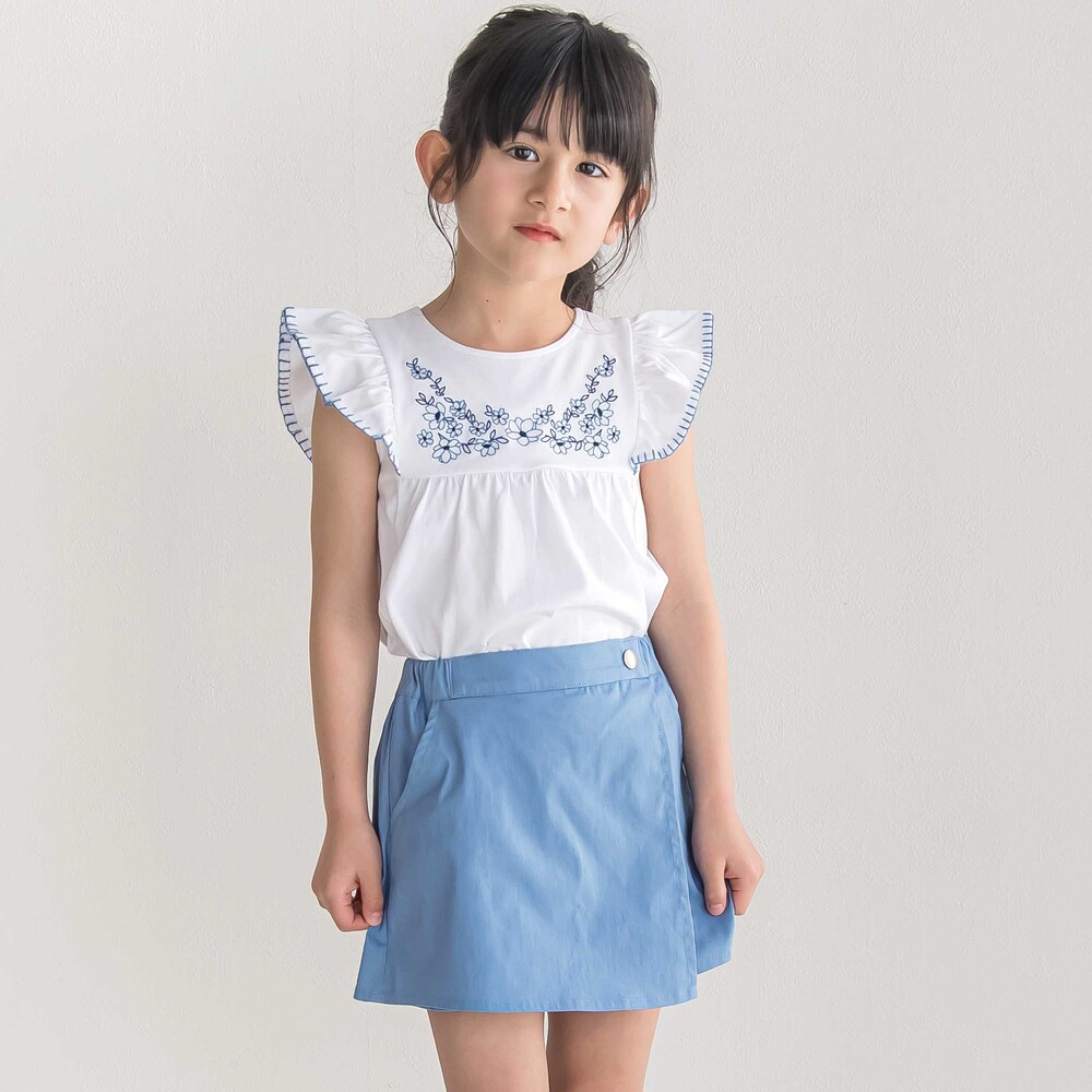 フラワー刺しゅう天竺フリル袖フレアTシャツ(90~150cm) ホワイト 90cm