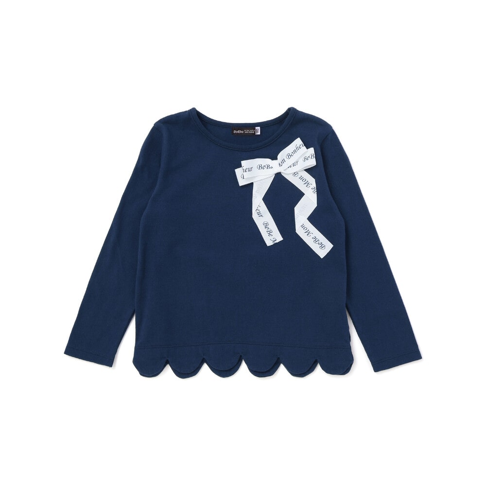 グログランBIGリボンモチーフ裾スカラップ長袖Tシャツ(90~160cm) ネイビー 90cm