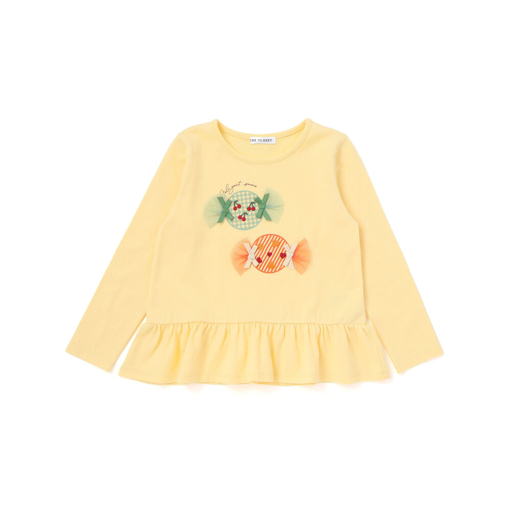 【抗菌・防臭】キャンディプリント裾フリル天竺長袖Tシャツ(90~130cm) ピンク SS(90-100cm)