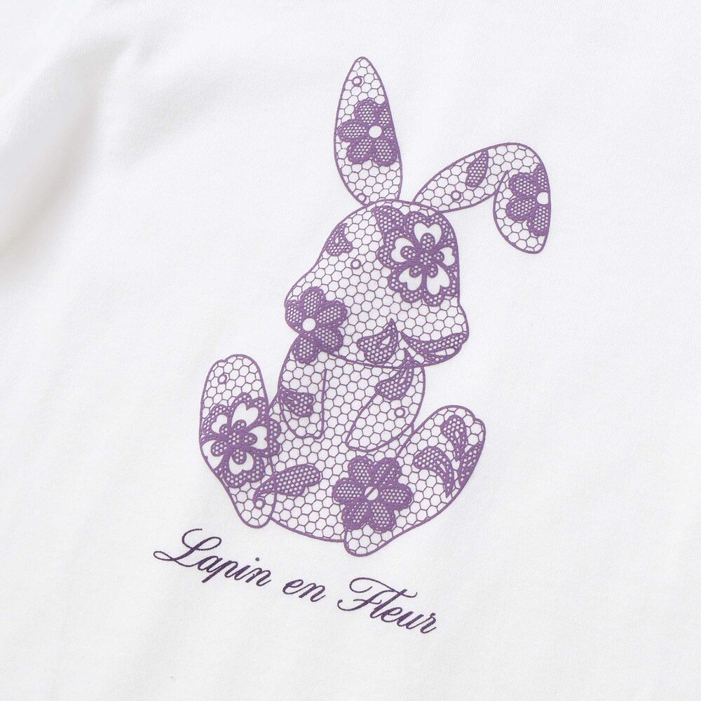 【抗菌・防臭】Rabbitレースプリント裾スカラップ天竺長袖Tシャツ(90~130cm) オフホワイト SS(90-100cm)
