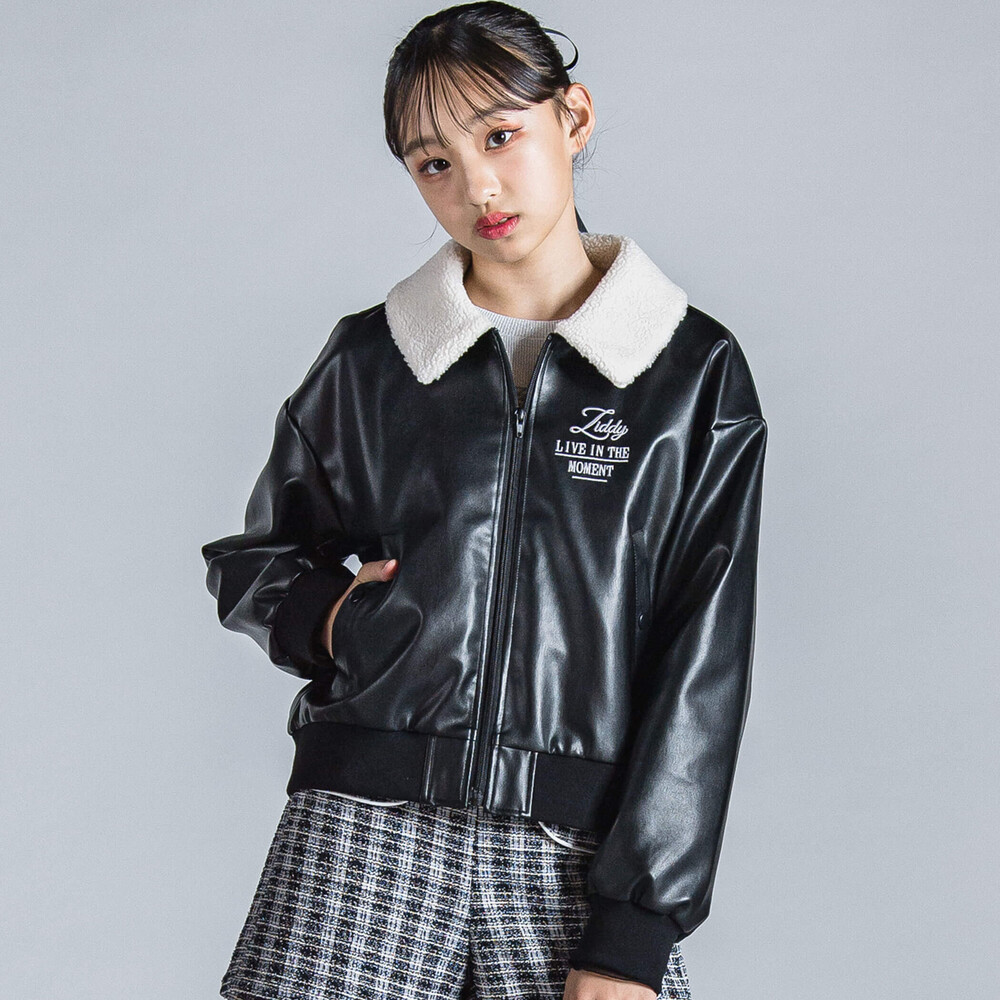 【 ニコ☆プチ 掲載 】ボア襟フェイクレザージップアップブルゾン(130~160cm) ブラック 130cm