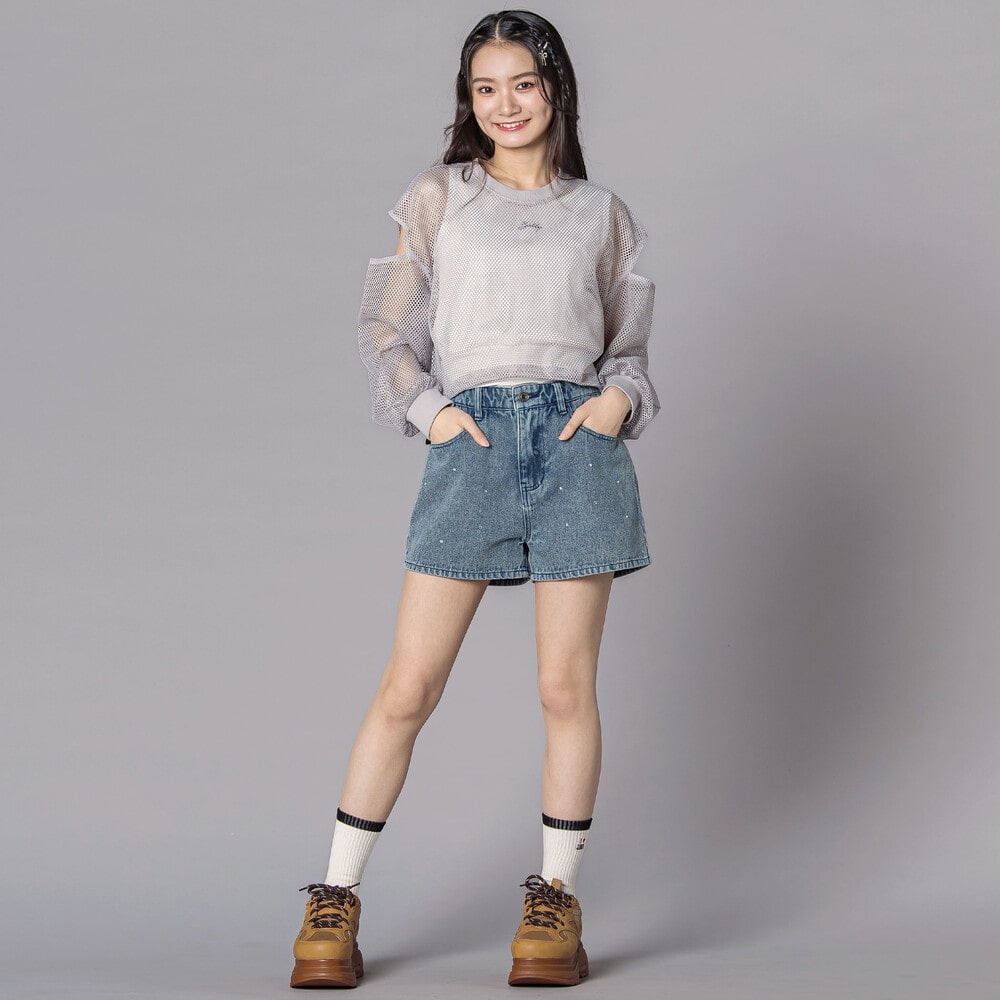 ラインストーンショートデニムパンツ(130~160cm) ネイビー 130cm