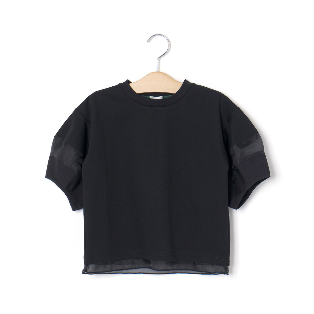 ポンチシアー切り替えポワン袖Tシャツ親子お揃い(110~140cm) ブラック M(110~125cm)