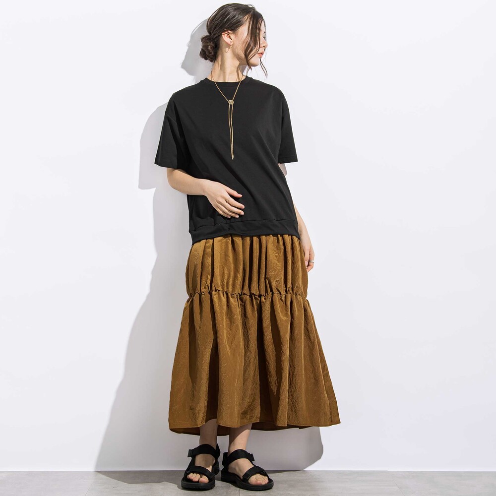 (ペチコート付)ポンチ+メタリックボイルスカートドッキング半袖ワンピース親子お揃い大人(140~160cm) ブラック S(140~150cm)