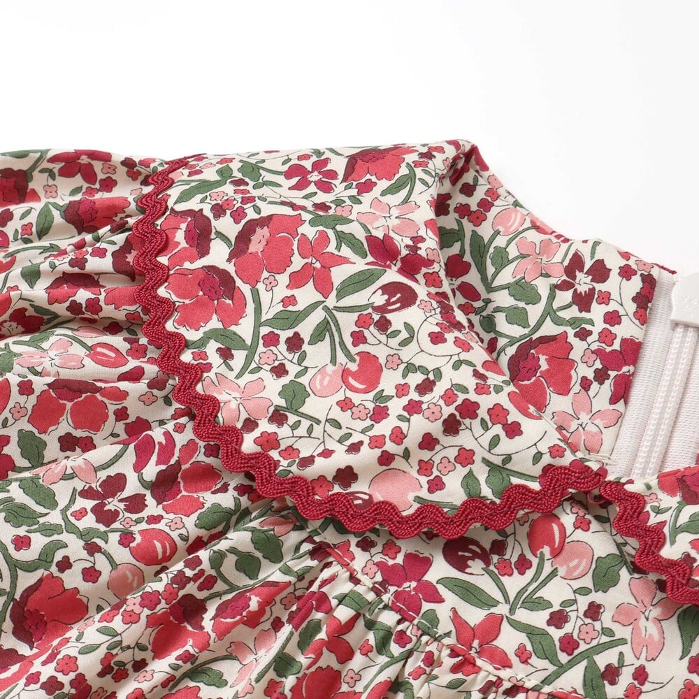 【日本製】リバティタナローン(Coward)花柄ワンピース(90~140cm) レッド系 100cm