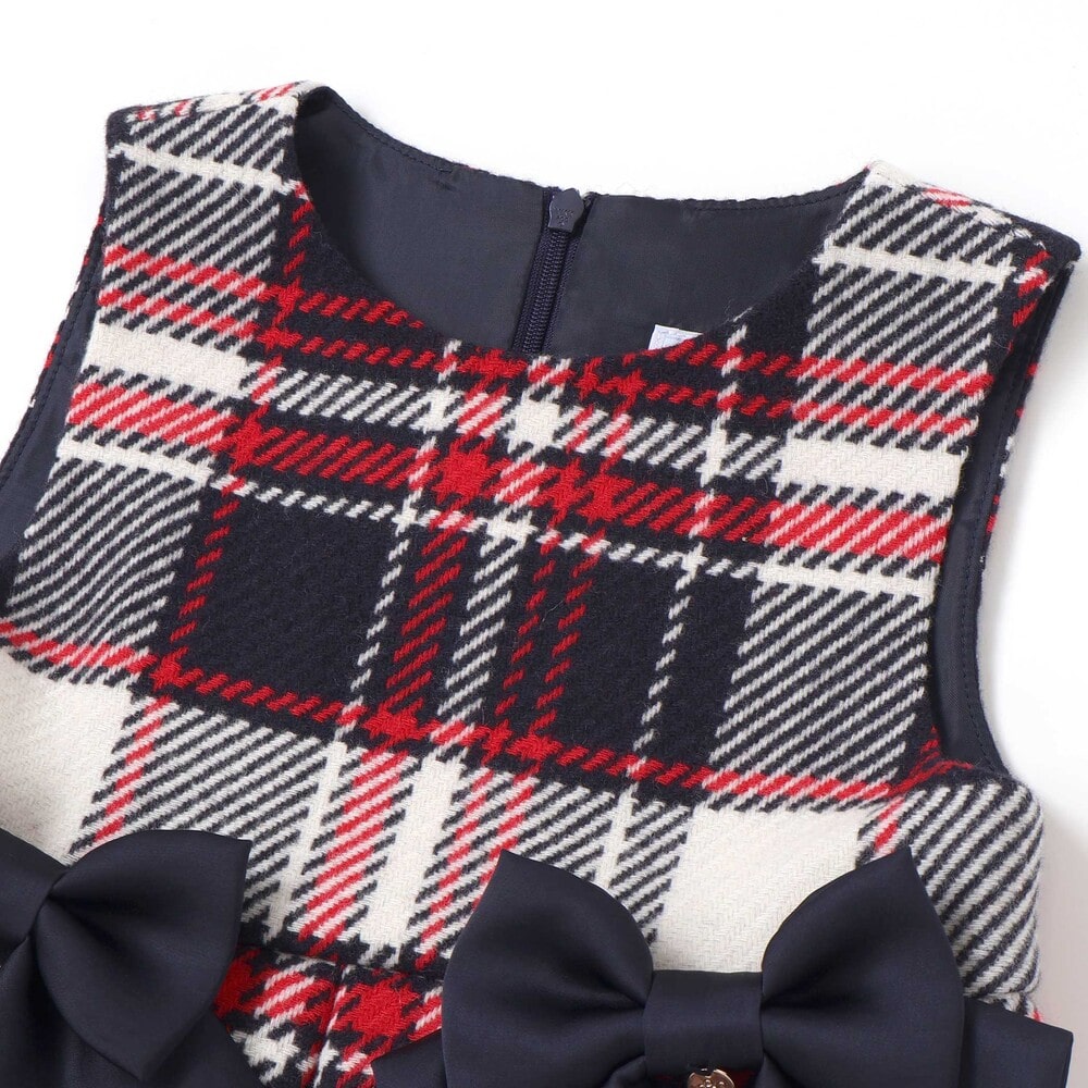 【日本製】【お揃い】ウールチェックサイドリボン付きジャンパースカート(90~140cm) ネイビー系 100cm