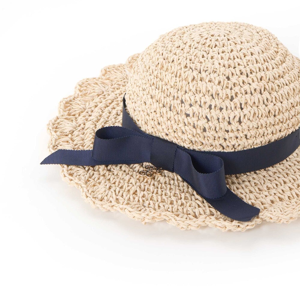 【UVカット】【お揃い】リボン付きブリムスカラップデザインペーパーハット(52~56cm) ネイビー 52cm