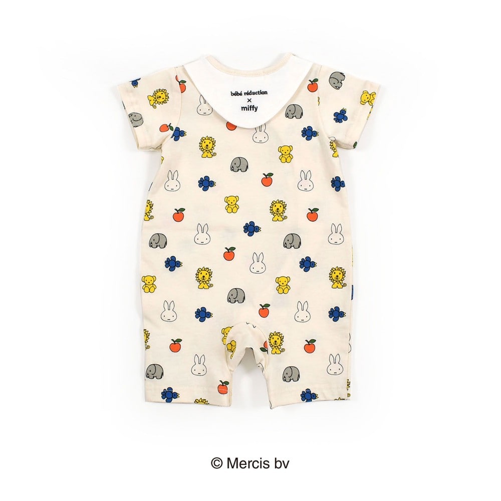 【miffy×bebe reduction コラボアイテム】ミッフィー 動物 総柄 半袖 カバーオール (70~90cm) オフホワイト系 70cm