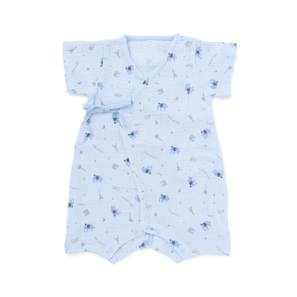 【お揃い】ガーゼアニマルプリントカバー半袖オール(70~80cm) ブルー系 ワンサイズ