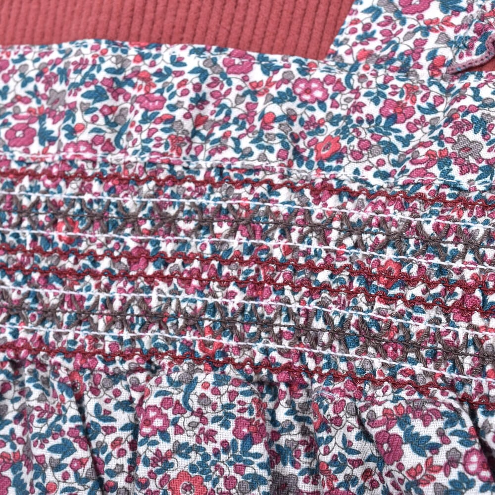 【 お揃い 】 花柄 プリント スモッキング 刺繍 ドッキング Wフェイス ワンピース (80~130cm) グリーン系 110cm