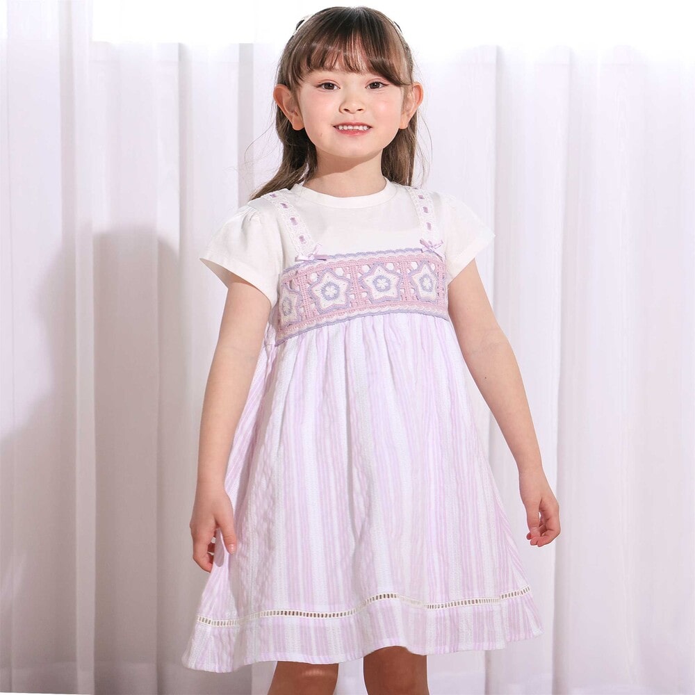 【お揃い】かぎ編み風レースビスチェドッキング天竺ワンピース(80~130cm) パープル系 80cm