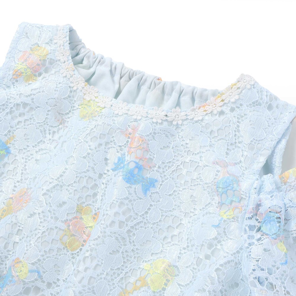 【お揃い】花柄レースアイス総柄肩明きワンピース(90~130cm) ブルー系 90cm