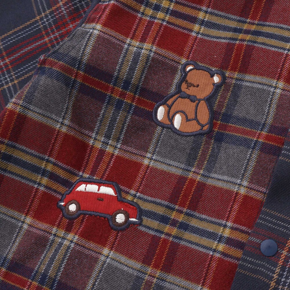 【お揃い】もこもこボア襟切り替えチェックシャツ(90~130cm) ネイビー×レッド系 90cm