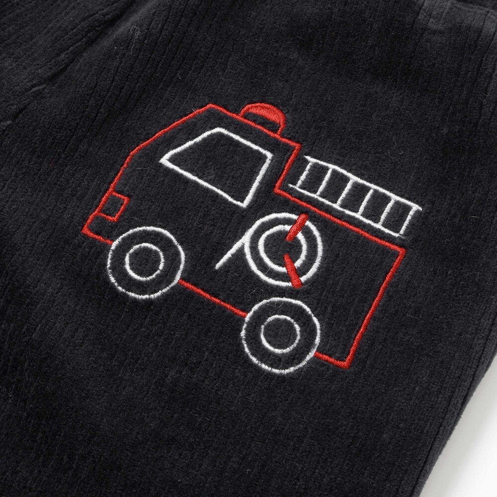 消防車恐竜おしりパッチ折り返し裾チェックロングパンツ(80~130cm) ブラック 80cm