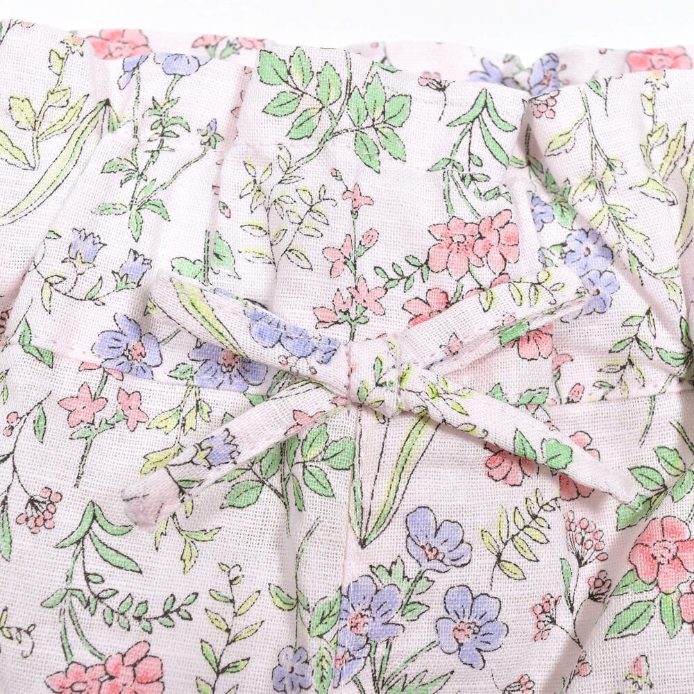 綿麻リボン付き花柄プリントショートパンツ(90~130cm)(90cm ピンク系 綿麻リボン付き花柄プリントショートパンツ(90~130cm)(90cm ピンク系