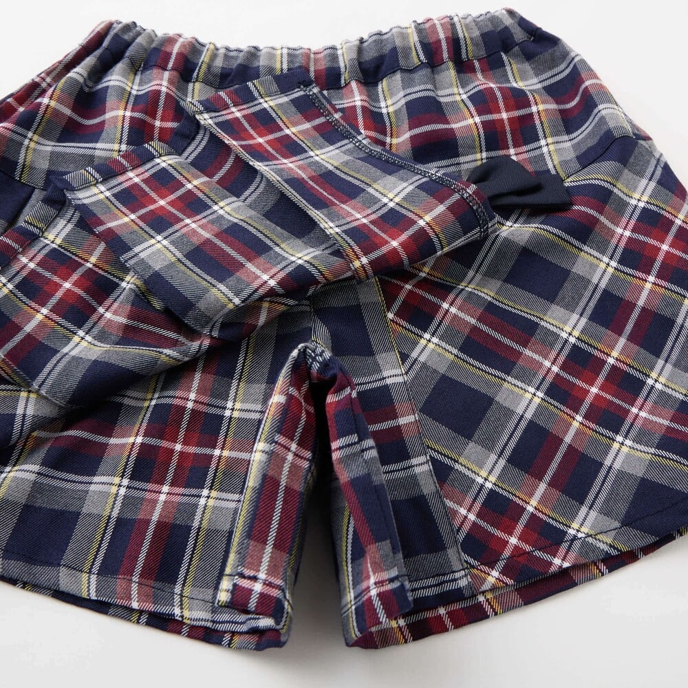 【お揃い】リボン付きチェック柄プリーツスカパン(90~140cm) ネイビー系 90cm