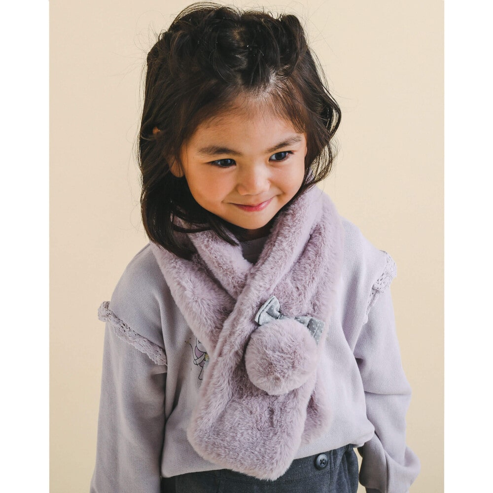 うさぎ くま ネコ アニマル ファー リボン マフラー オフホワイト ワンサイズ