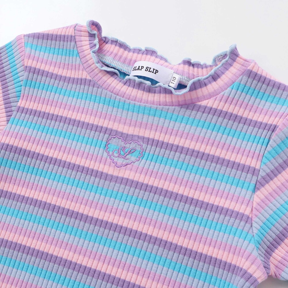 ボーダー&花柄テレコ半袖Tシャツ(80~130cm) パープル系 80cm