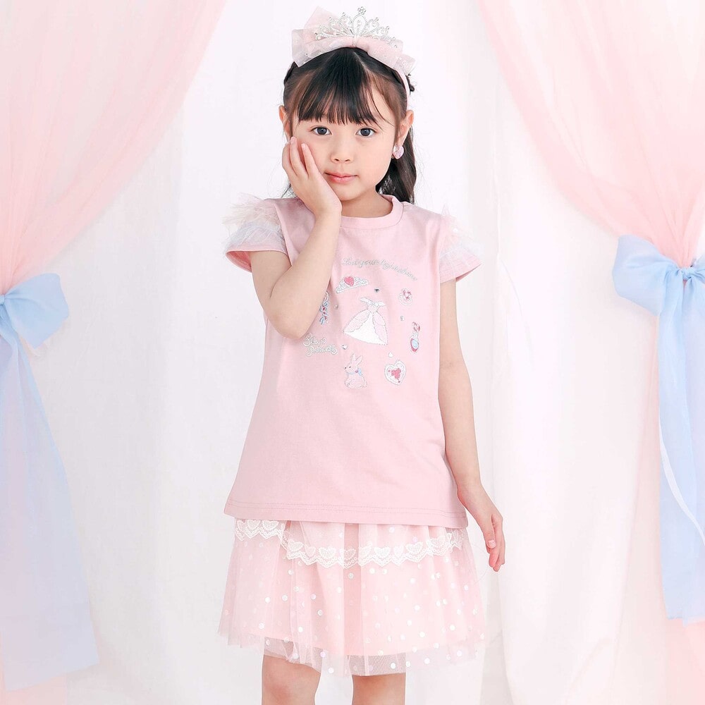 【スラプリ】チュールスリーブ天竺半袖Tシャツ(80~130cm) ブルー 80cm