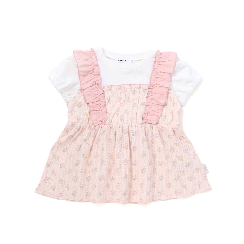 肩フリル花柄レースドッキング半袖Tシャツ(80~130cm) イエロー系 80cm