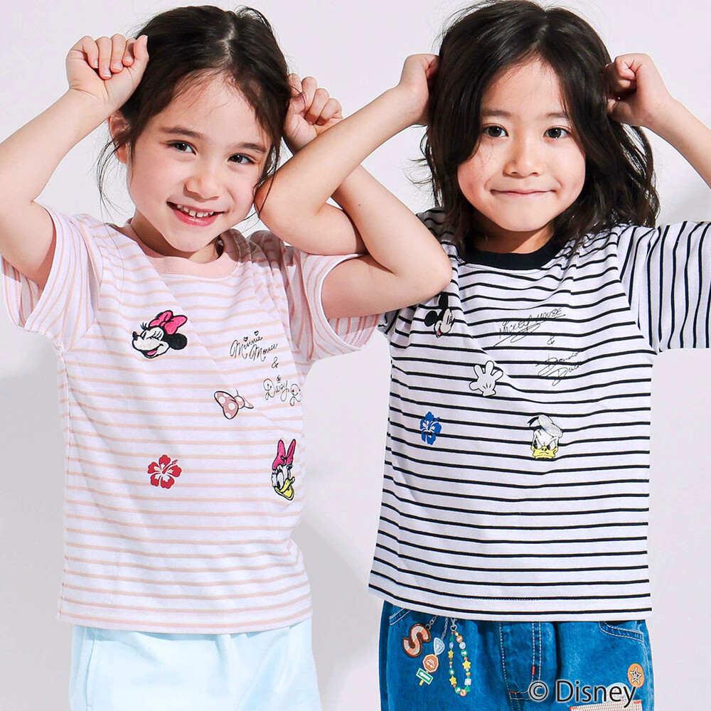【ディズニーコレクション】キャラクター刺しゅうボーダー半袖Tシャツ(80~130cm) ピンク系 80cm