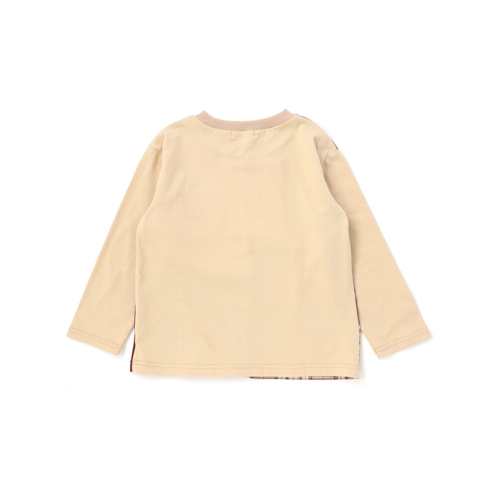 【お揃い】モチーフ刺しゅうチェック切り替え長袖Tシャツ(80~130cm) オフホワイト 80cm