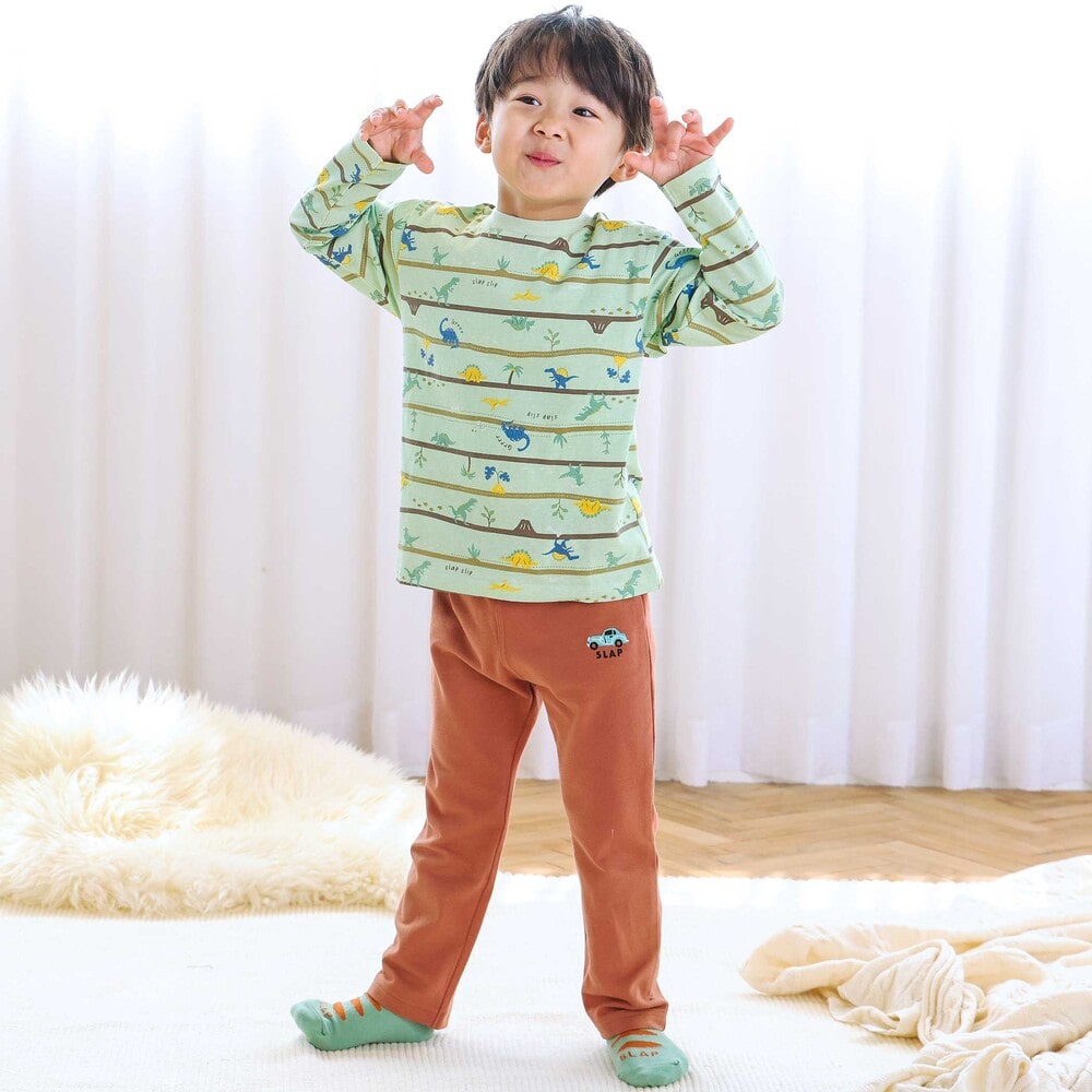 【スララク/防汚加工/オーガニックコットン】わくわくデザイン男の子長袖Tシャツ(80~130cm) ネイビー×ワニ恐竜消防車 80cm