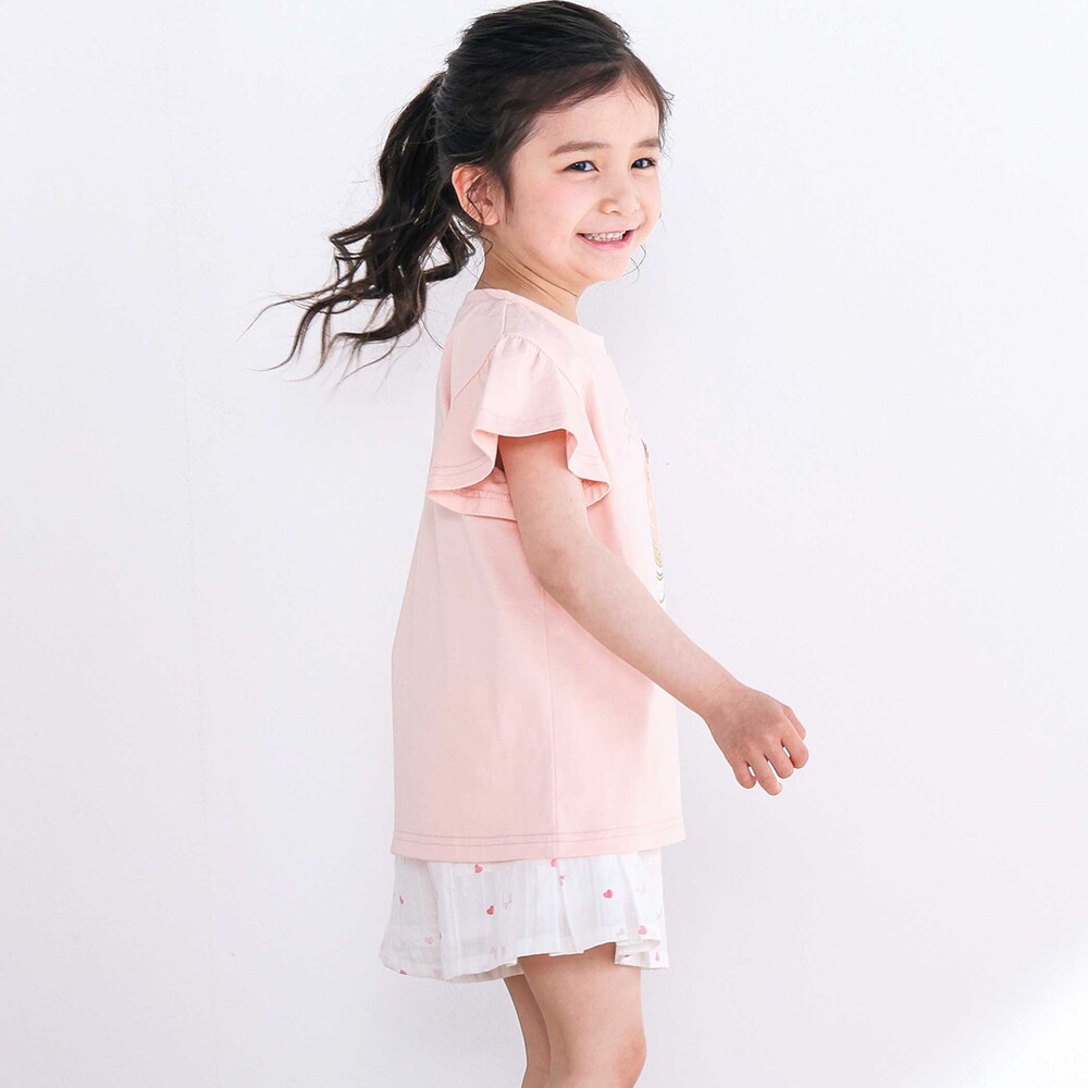 【スララク/吸汗速乾/接触冷感/オーガニックコットン】ときめき女の子半袖Tシャツ(80~130cm) コーラル×お花アイス×袖フレア 80cm