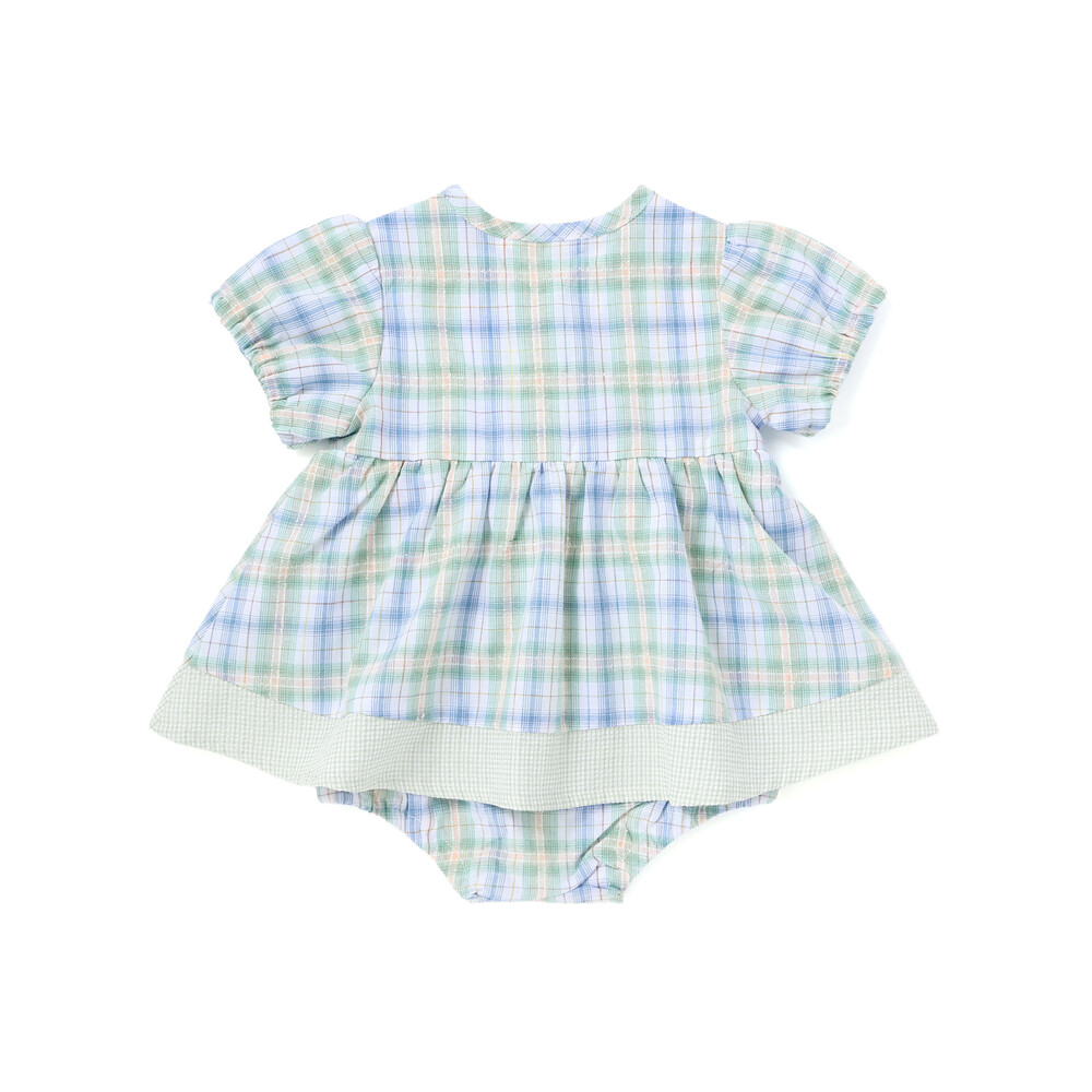【お揃い】リボン付きマドラスチェックカバーオールベビー(70~80cm) ブルー系 70cm