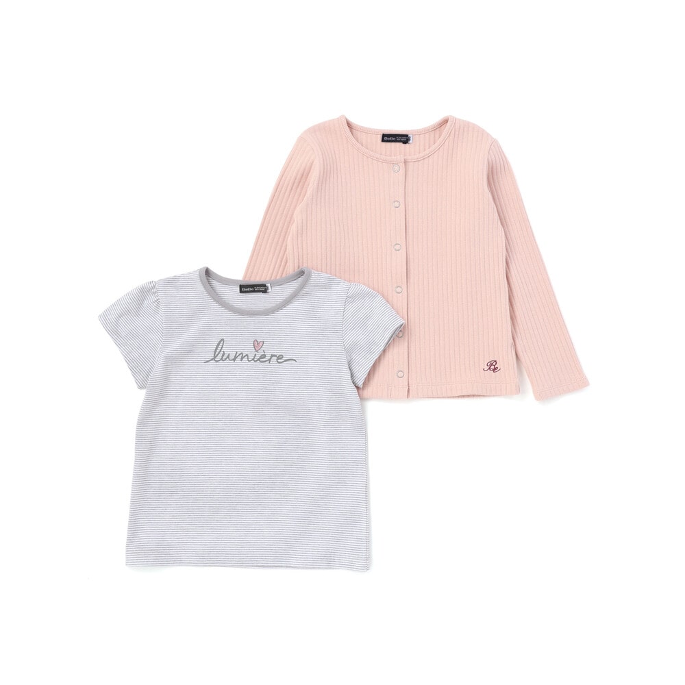 長袖リブカーディガン+天竺ボーダーロゴ半袖Tシャツ セット(90~150cm) ピンク 90cm