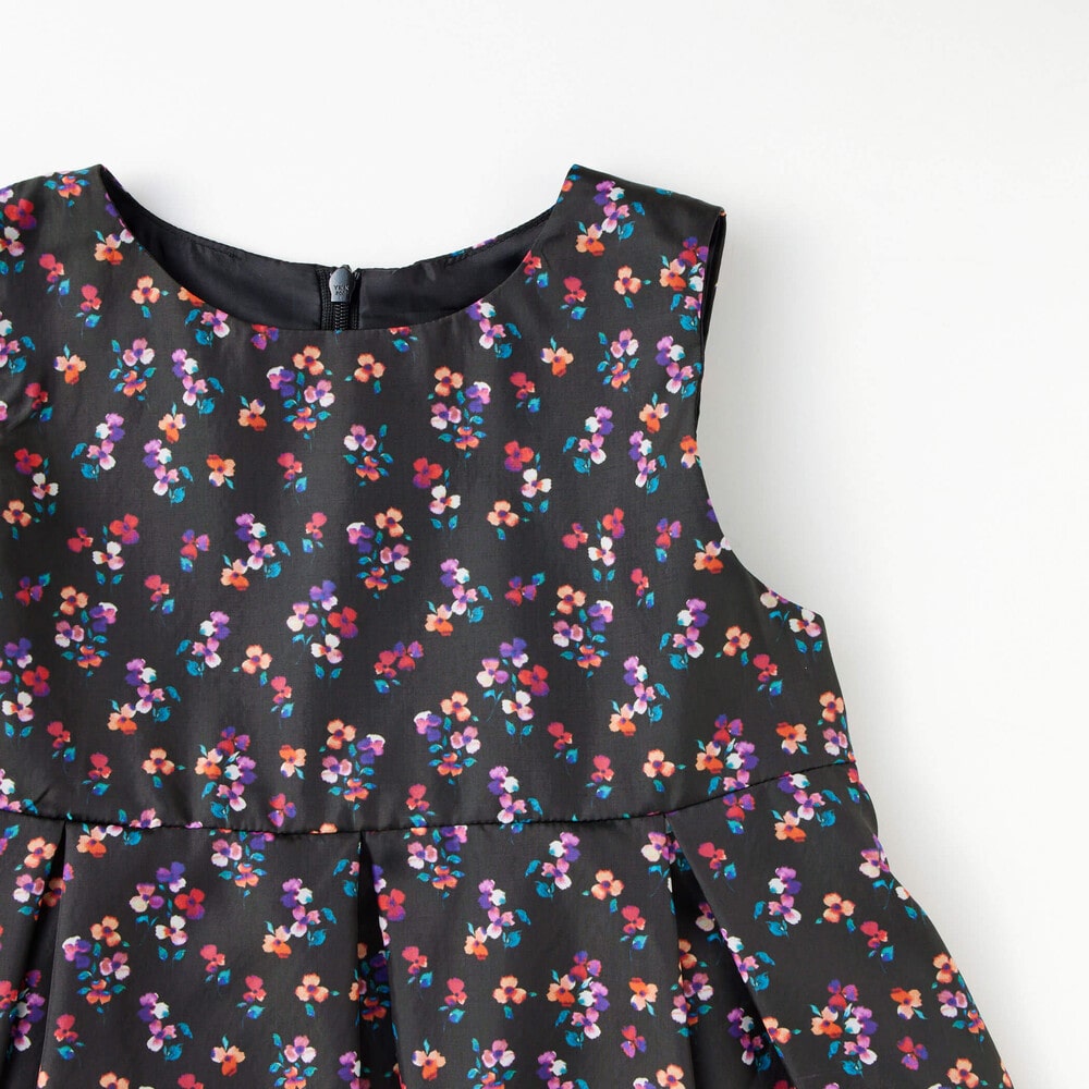 【日本製】【DEVEAUX】花柄タックワンピース(100~140cm) ブラック系 100cm